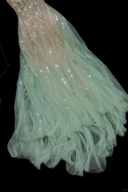 Exquisite A Line Strapless Beaded Green Champagne Tulle Party Dress Evening Dress DP2861