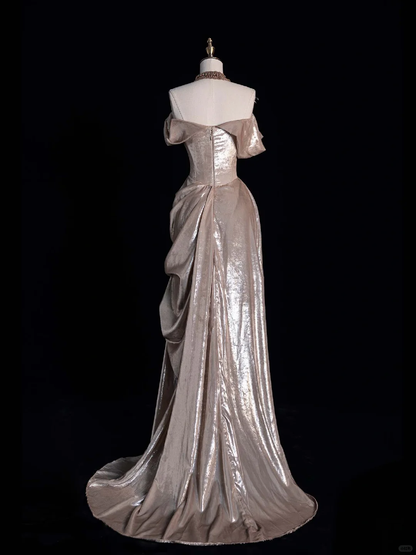 Champagne A Line Off the Shoulder Satin Party Dress Prom Graduation Prom Dress DP1987