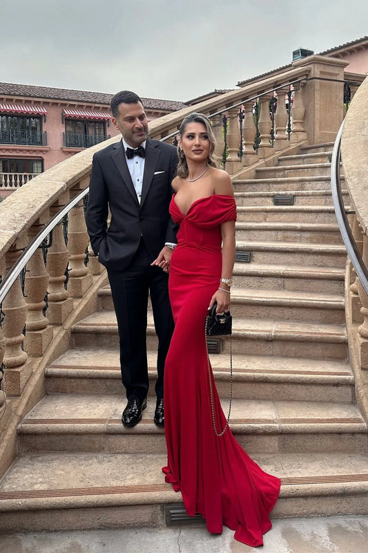 Hot Sexy Mermaid Off the Shoulder Red Long Prom Dress with Sweep Train DP7721
