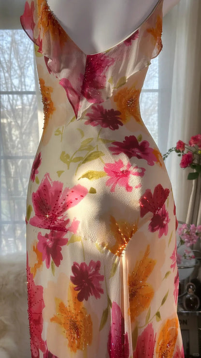 Colorful Romantic Floral Elegant Fashion Exquisite Beaded Long Chiffon Ball Dress Evening Dress Party Dress Valentine's Day Date Dress DP5080