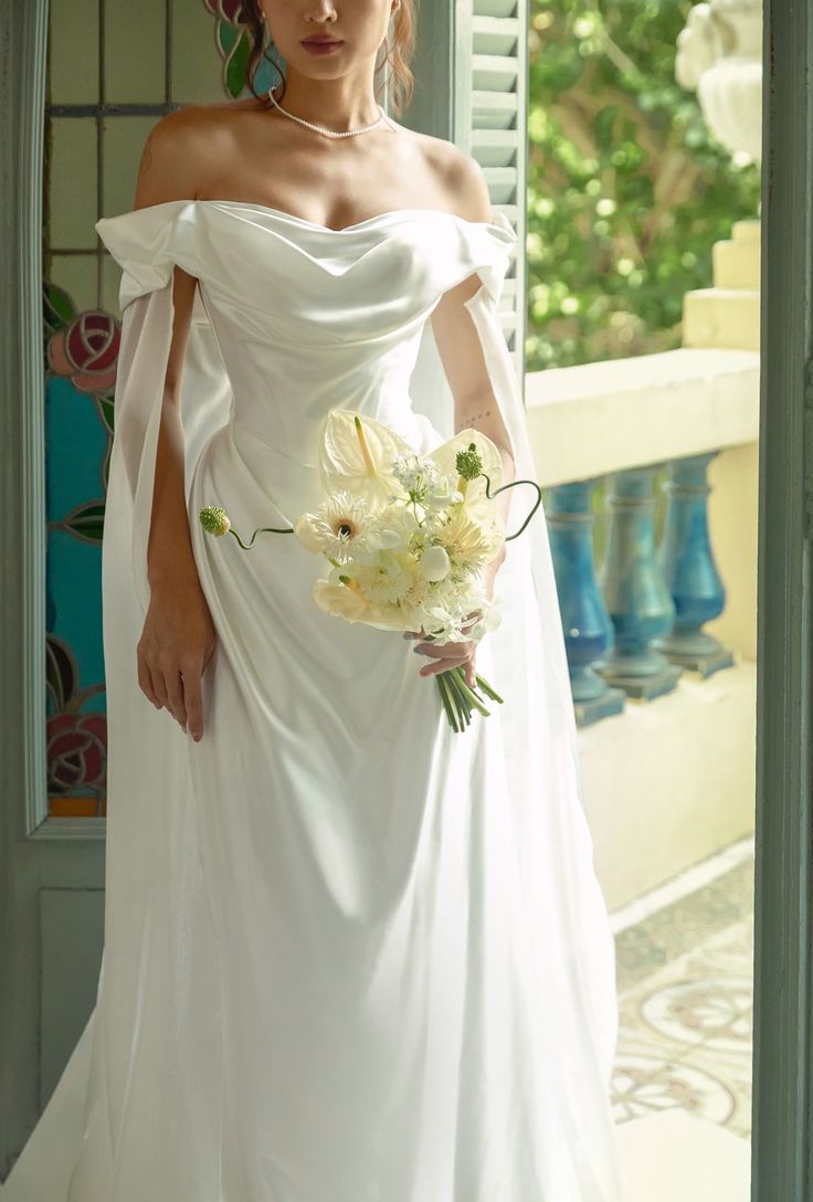 Gentle A Line Off the Shoulder White Pleated Tulle Satin Wedding Dress DP6841