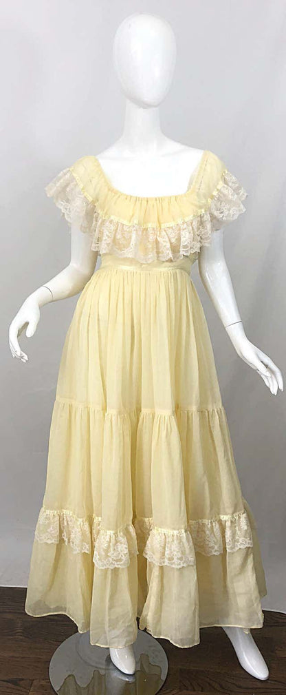 1970s Pale Light Yellow Tulle Lace Vintage Prom Dress Outfits DP3397
