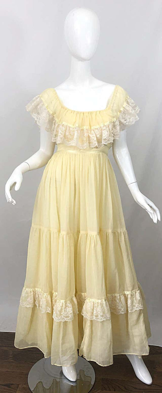 1970s Pale Light Yellow Tulle Lace Vintage Prom Dress Outfits DP3397