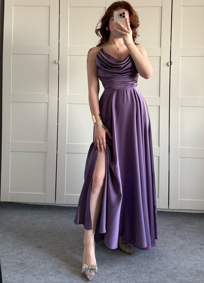 Navy Blue Line Spaghetti Straps Pleated Satin Prom Dress Formal Dress Party Dress DP3504