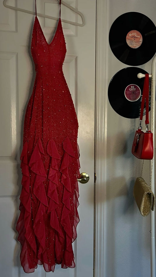 Sexy Sheath Spaghetti Strap Red Beaded Ruffle Chiffon Prom Dress DP4362