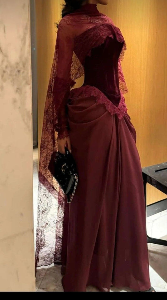 Charming Burgundy Chiffon Velvet Lace Long Prom Dress Evening Dress DP6671