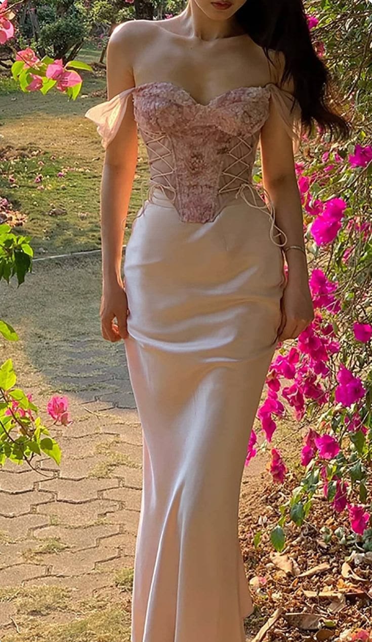 Sweety Light Pink Mermaid Off the Shoulder Lace Satin Prom Dress Party Dress DP6554