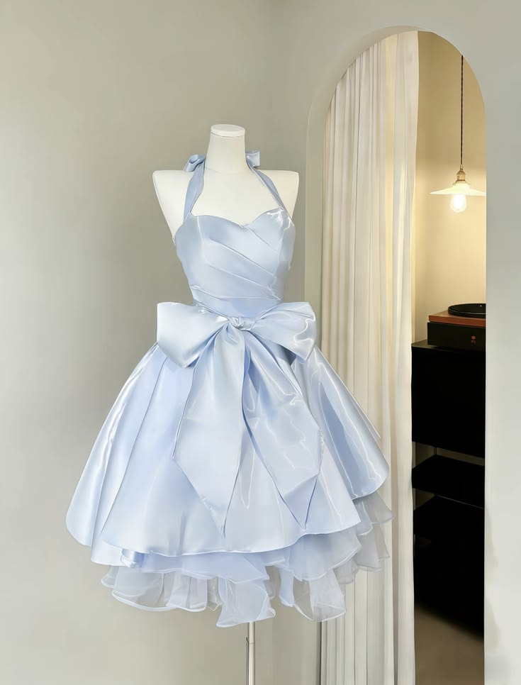 Baby Blue A Line Halter Bow Satin Backless Short Homecoming Dress DP5683