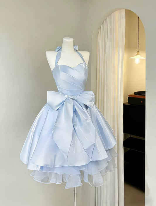 Baby Blue A Line Halter Bow Satin Backless Short Homecoming Dress DP5683
