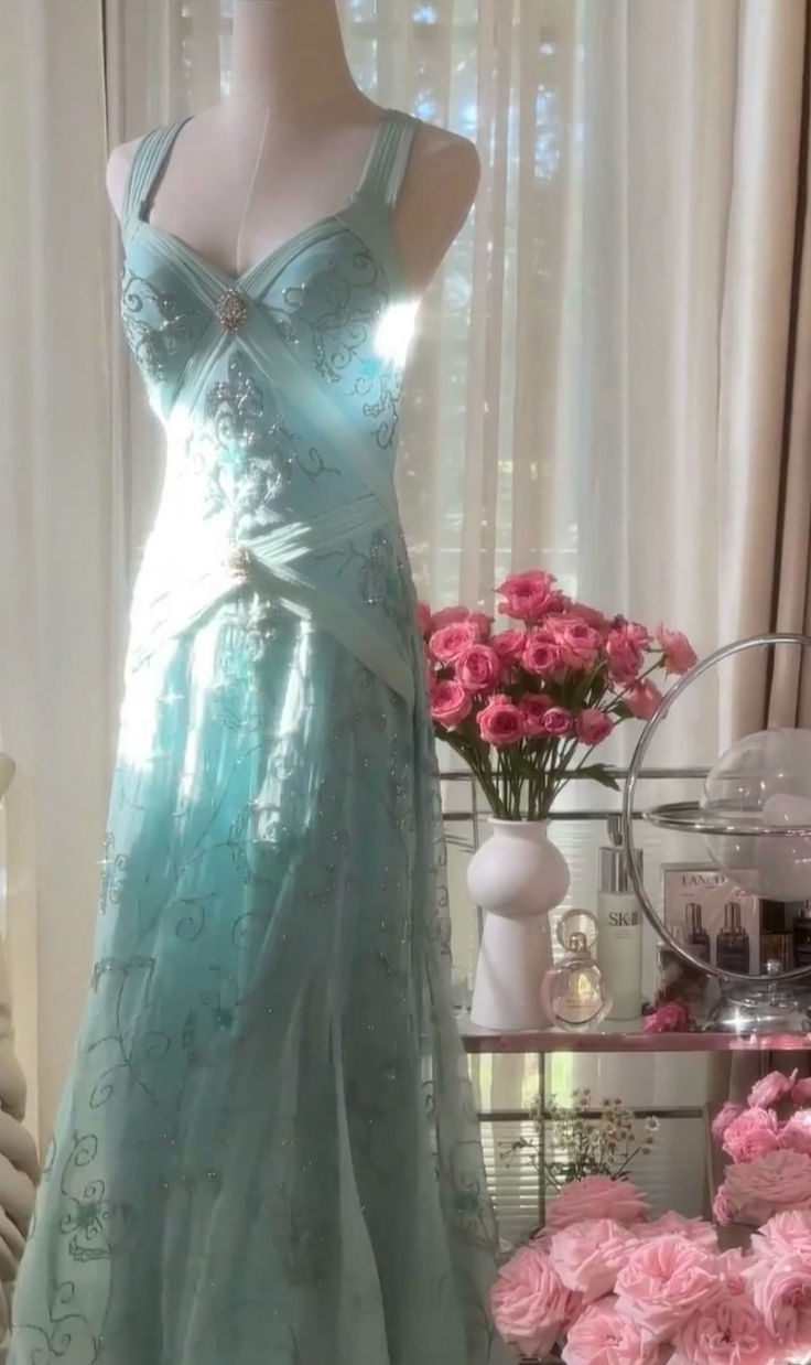 Dreamy A Line Strap Beaded Sequin Blue Tulle Open Back Prom Dress Evening Dress DP2057