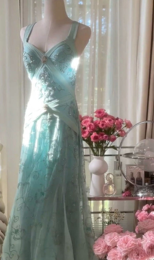 Dreamy A Line Strap Beaded Sequin Blue Tulle Open Back Prom Dress Evening Dress DP2057