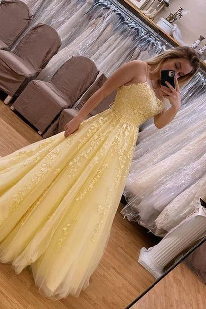 Yellow A Line Applique Lace Tulle Long Prom Dresses Evening Dress DP1020