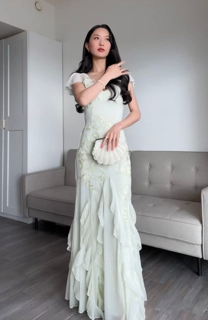 Stunning Mermaid Straps Appliques Light Green Ruffle Chiffon Long Prom Dress Party Dress DP4134