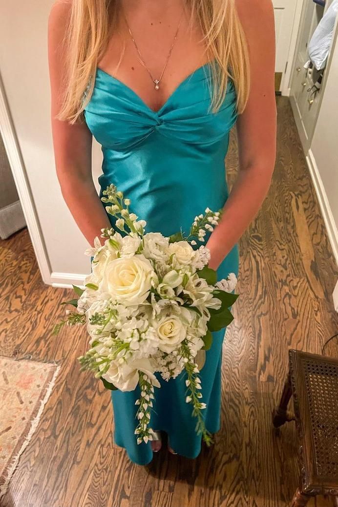 Turquoise Twist Sheath V Neck Satin Long Party Dress Evening Dress DP1151