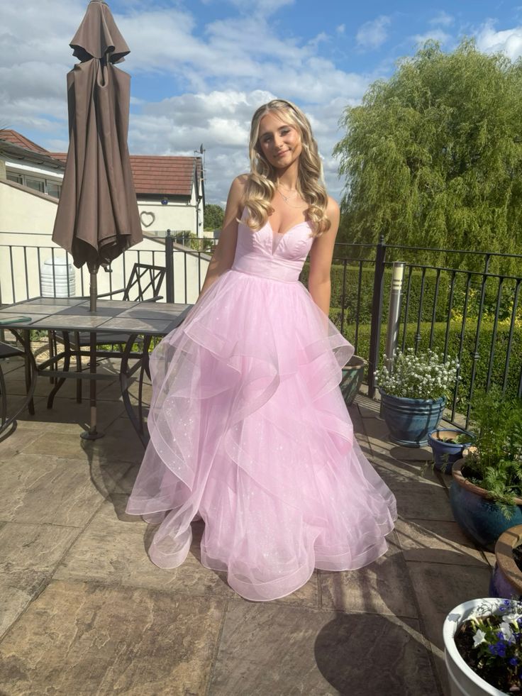 Pink A Line Spaghetti Strap Ruffle Organza Backless Long Prom Dress Evening Dress Formal Dress DP3272