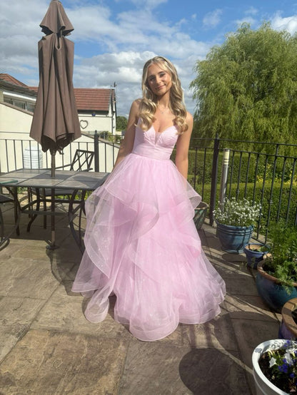 Pink A Line Spaghetti Strap Ruffle Organza Backless Long Prom Dress Evening Dress Formal Dress DP3272