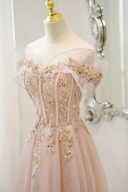A Line Off the Shoulder Sequin Tulle Long Prom Dress Evening Dress DP1217