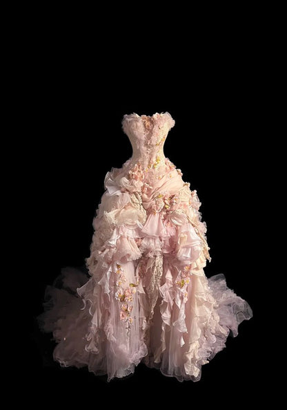 Vintage Exquisite Ball Gown Strapless Pink Floral Ruffle Tulle Prom Dress 16th Birthday Dress DP4144
