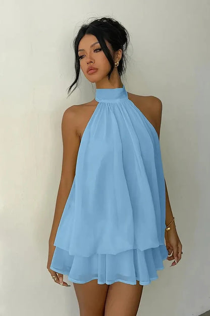 Blue Sexy Backless Halter Tie Waist Slim Fit Ruffled Mini Dress Homecoming Dress DP5910