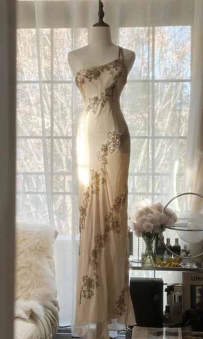Gentle Sheath One Shoulder Beaded Chiffon Long Prom Dress Evening Dress DP2008