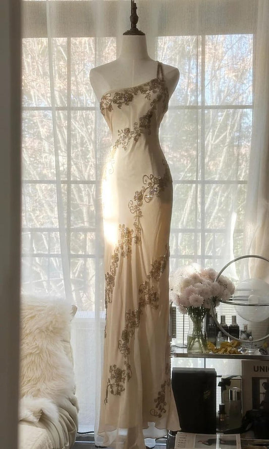 Gentle Sheath One Shoulder Beaded Chiffon Long Prom Dress Evening Dress DP2008
