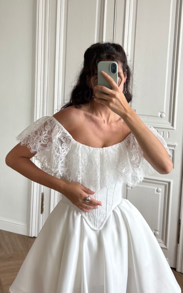 Cute White A Line Off the Shoulder Corset Lace Satin Long Wedding Dress DP8020