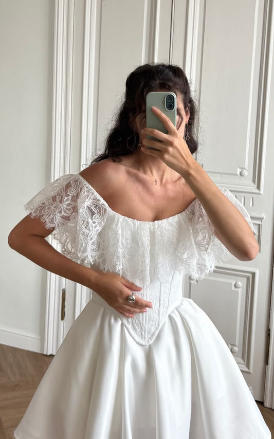 Cute White A Line Off the Shoulder Corset Lace Satin Long Wedding Dress DP8020