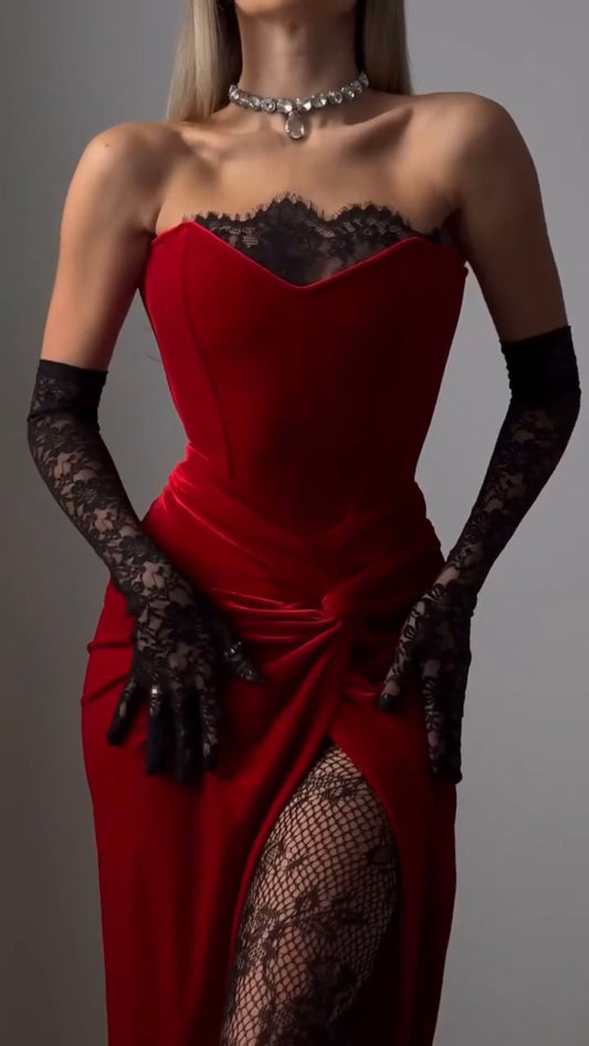 Burgundy Sheath Strapless Black Lace Velvet Prom Dress Party Dress with Slit DP3598