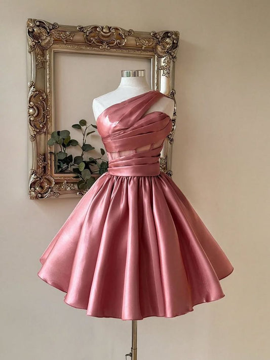 Pink A Line One Shoulder Corset Satin Short Homecoming Dress DP5679