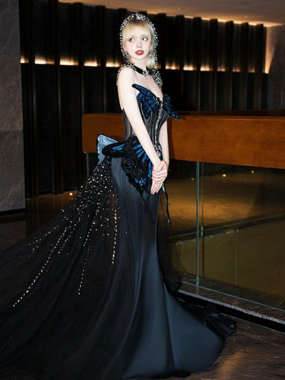Stunning Blue Butterfly Mermaid Beaded Satin Tulle Prom Dress DP4631