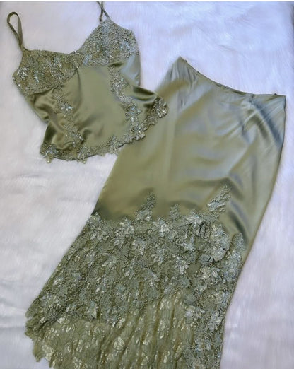 Two Piece Exquisite Green Beaded Mermaid Satin Homecoming Dress Cocktail Dress Date Dress DP3035