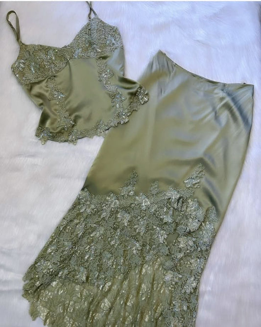 Two Piece Exquisite Green Beaded Mermaid Satin Homecoming Dress Cocktail Dress Date Dress DP3035