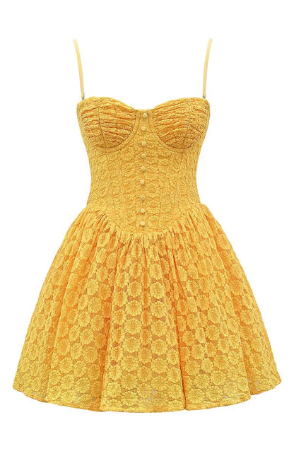 Summer A Line Sweetheart Neck Yellow Lace Short Prom Dress Homecoming Dress Outfits DP6838