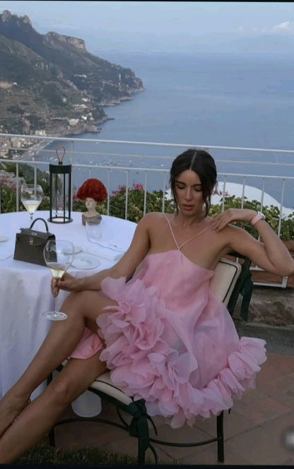 Cute A Line Halter Pink Tulle Backless Short Homecoming Dress Outfits DP4939