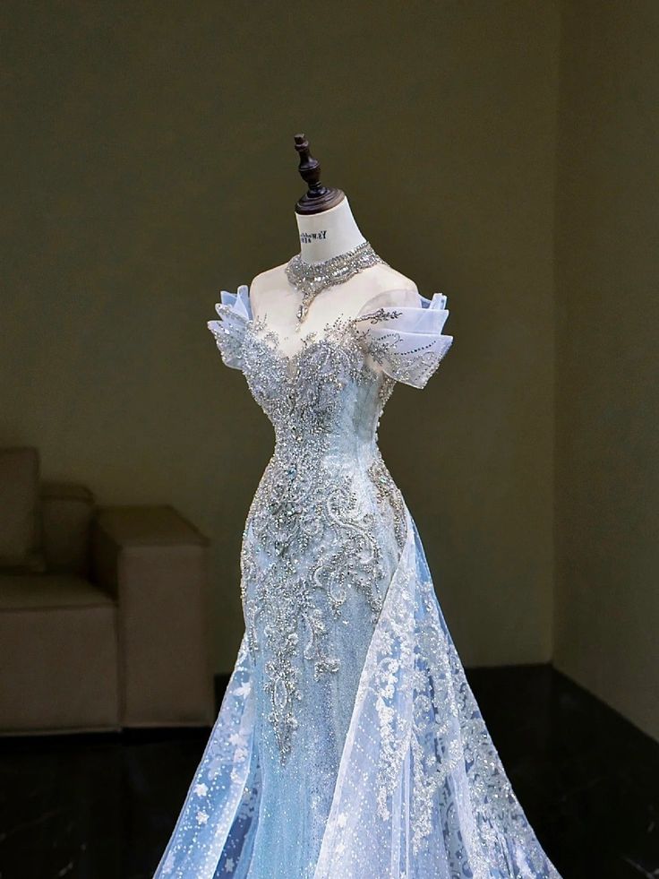Exquisite Blue Beaded Mermaid Off the Shoulder Tulle Prom Dress Evening Dress DP3034