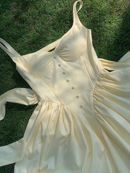 Light Yellow A Line Strap Satin Open Back Mini Homecoming Dress Birthday Dress DP2619