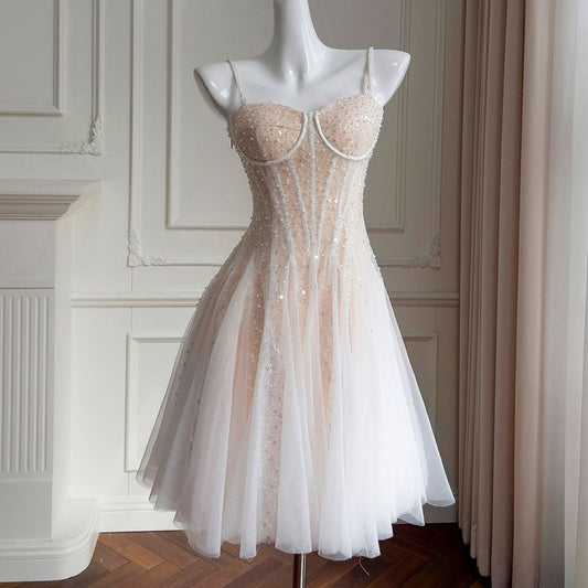 Elegant A Line Spaghetti Straps Sequins Tulle Short Homecoming Dress Outfits DP1286