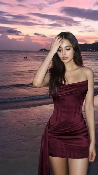 Dark Burgundy Sheath Strapless Corset Satin Short Homecoming Dress Outfits DP6880