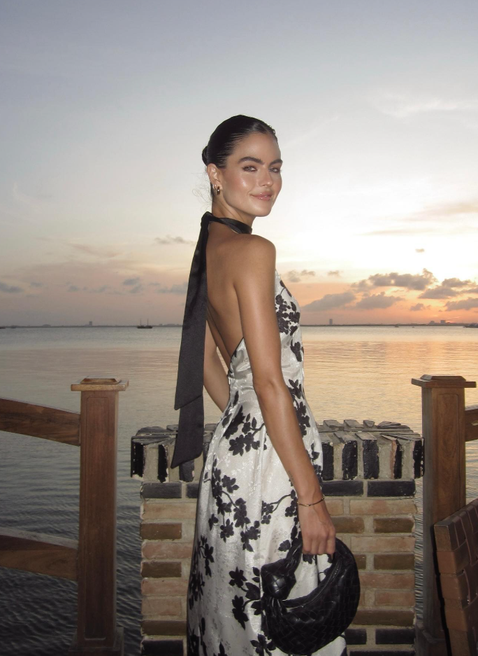 Sexy Sheath Halter Black Print Floral White Satin Prom Dress Party Dress DP4783