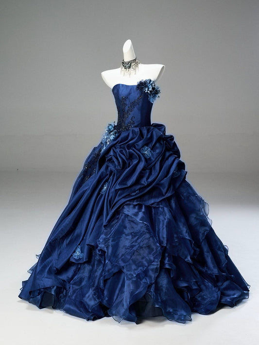 Dark Blue Ball Gown Strapless Beaded Pleated Satin Organza Prom Dress Quinceanera Dress DP5065