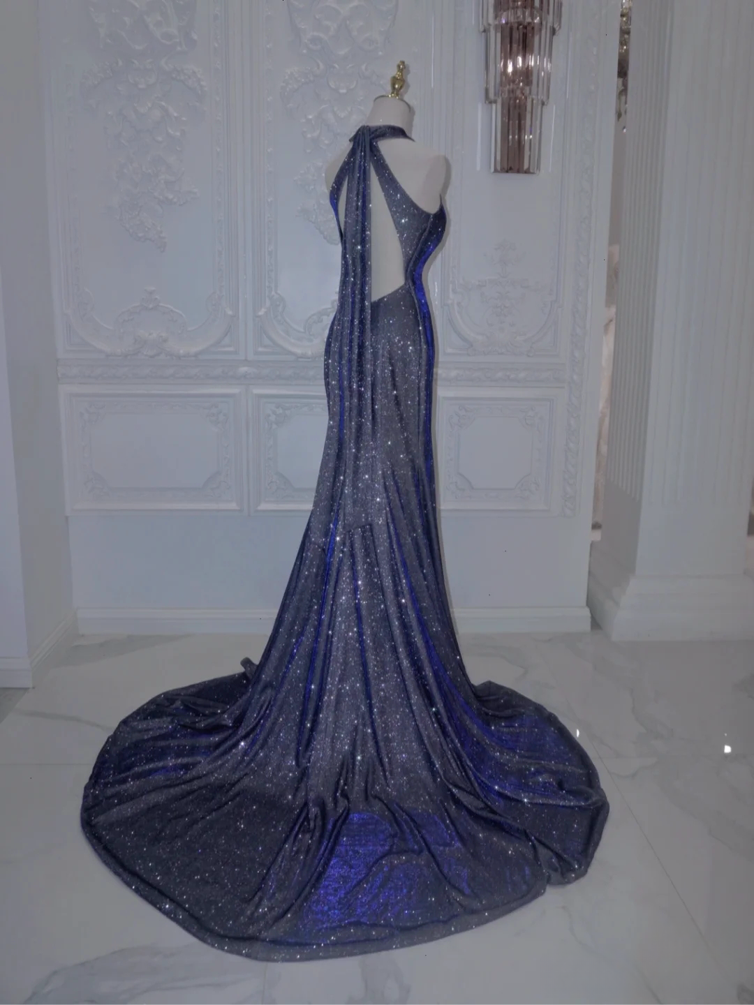 Navy Blue Mermaid Halter Sequin Long Prom Dresses Formal Evening Dress DP177