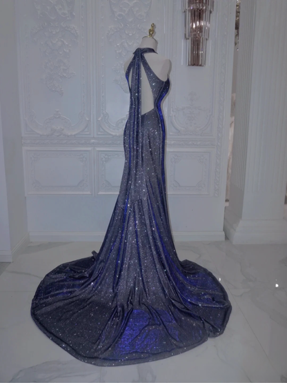 Navy Blue Mermaid Halter Sequin Long Prom Dresses Formal Evening Dress DP177