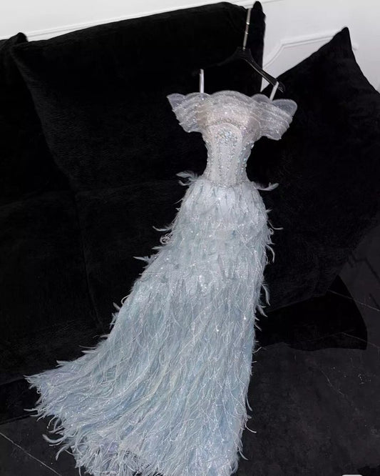 Dreamy A Line Off the Shoulder Beaded Feather Tulle Long Prom Dresses Evening Gowns Party Dress DP3048