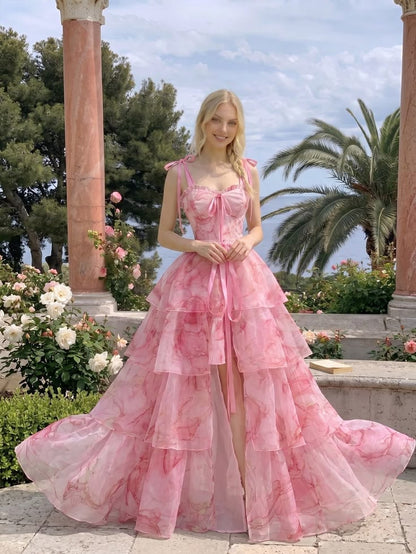 Sweaty Pink A Line Spaghetti Straps Print Floral Chiffon Prom Dress Evening Dress DP6098