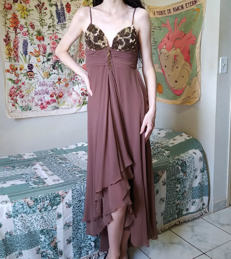 Vintage A Line Spaghetti Strap Beaded Sequin Brown Chiffon Prom Dress Graduation Prom Dress DP2155