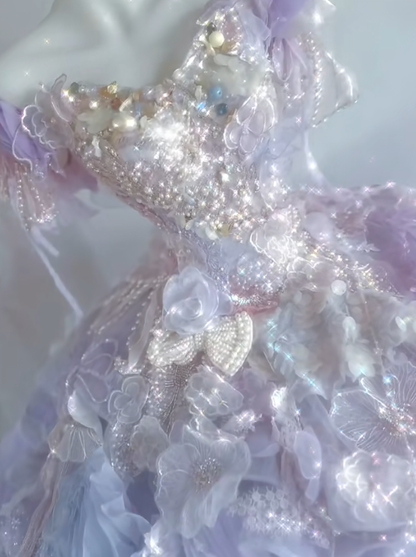 Lilac Ball Gown Off the Shoulder Floral Beaded Tulle Prom Dress 18th Birthday Dress DP4149