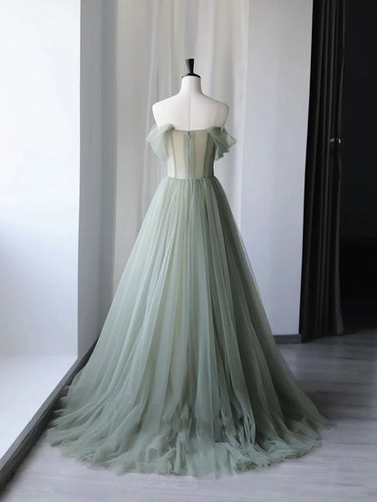 Gray Green Tulle Off Shoulder Long Prom Dress, Gray Green Formal Graduation Dresses DP3364