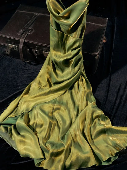 Charming A Line Spaghetti Strap Green Satin Prom Dress Evening Dress DP1711