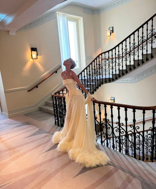 Light Champagne A Line Strapless Feather Chiffon Evening Dress Cocktail Dress DP2855