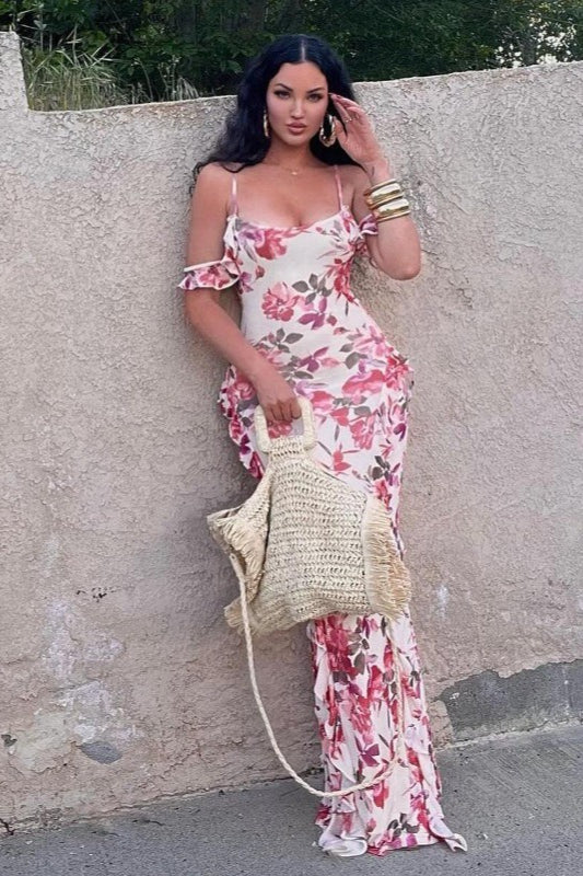 Sweety Sheath Spaghetti Straps Ruffle Print Floral Chiffon Prom Dress Evening Dress DP5587